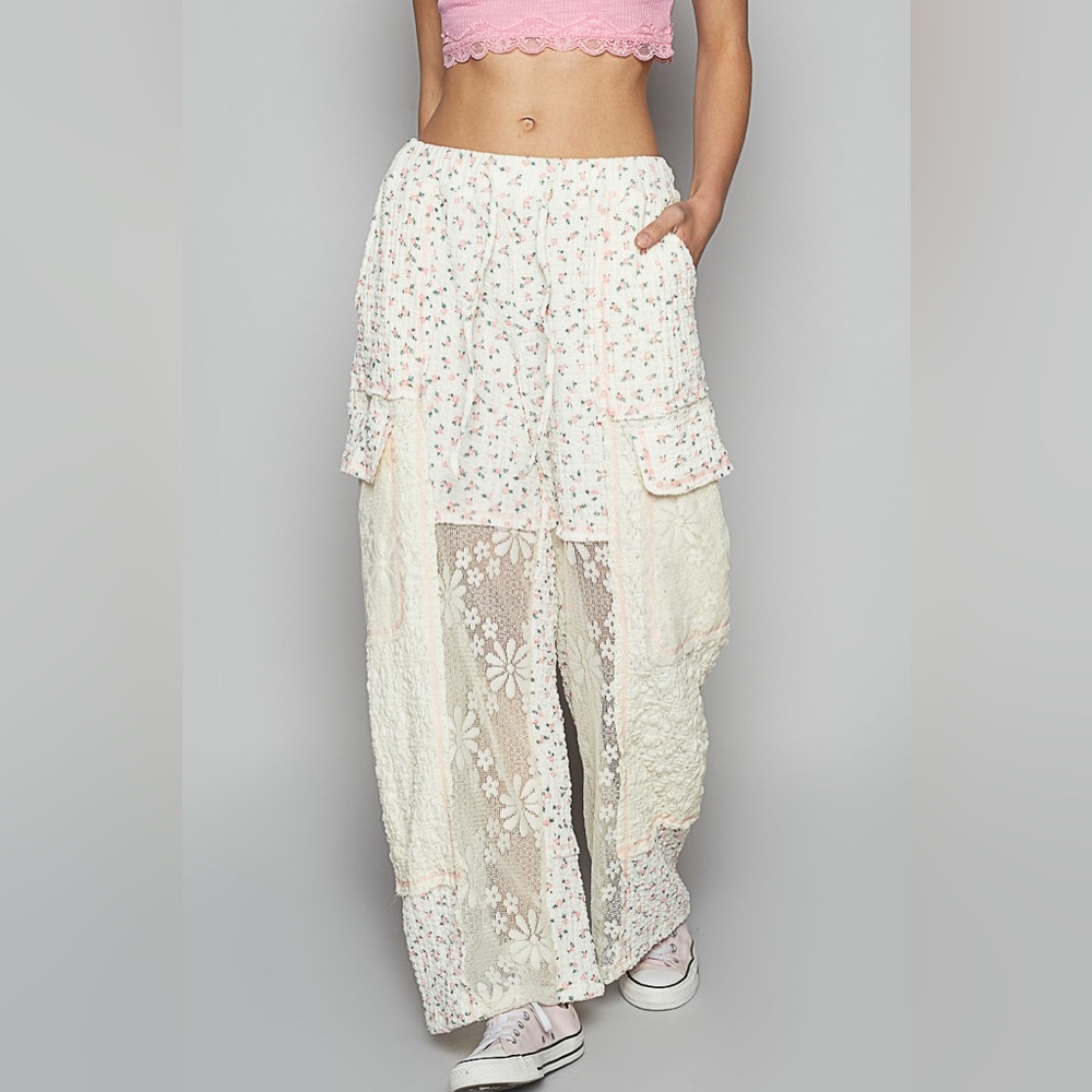 POL Cream Floral Lace Pants